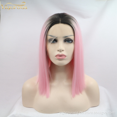 Straight Bob Ombre Lovely Pink Wig Synthetic Black Color Wig Short Pixie Cut Lace Front Wig Women 16 Inch Middle Part
